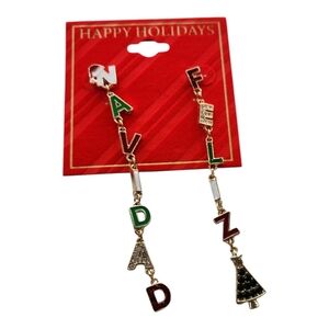CRYSTAL and Glitter Gold Tone Linear Drop Christmas Feliz Navidad Earrings NWT